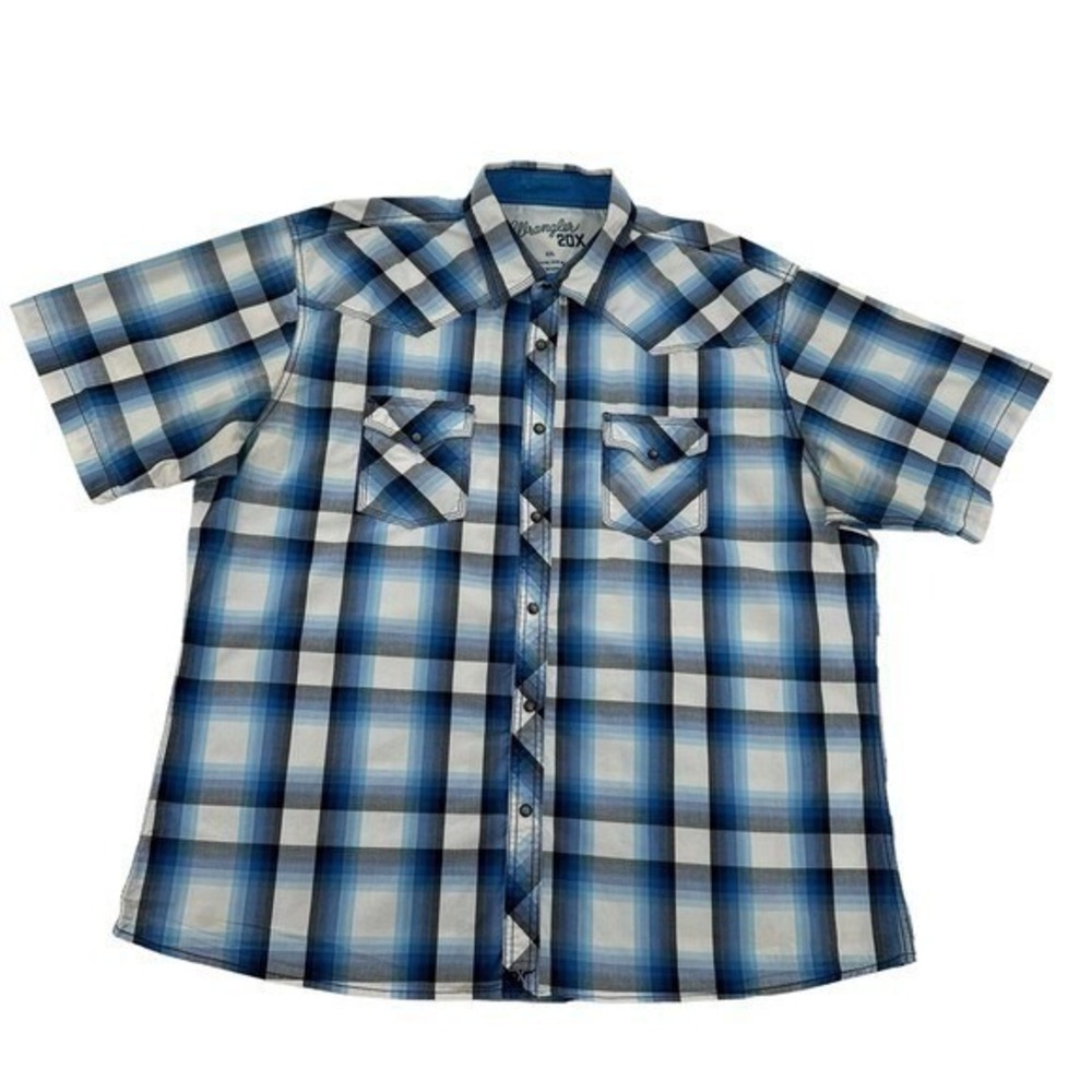 Wrangler 20X Men's XXL Blue Plaid Pearl Snap Front Short Sleeve Western Shirt